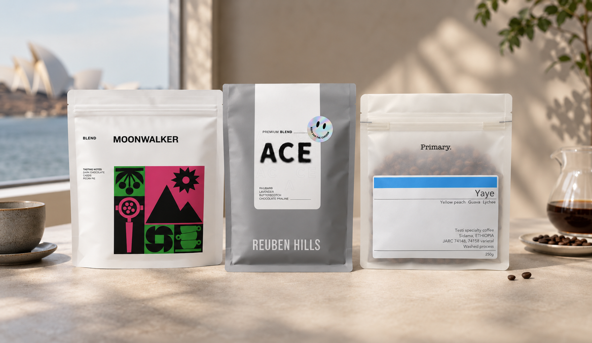 EDITION 01 SYDNEY の3種（MECCA Moonwalker 250g／Reuben Hills ACE 200g／Primary Coffee Ethiopia Yaye 250g）を並べた商品構成のイメージ画像