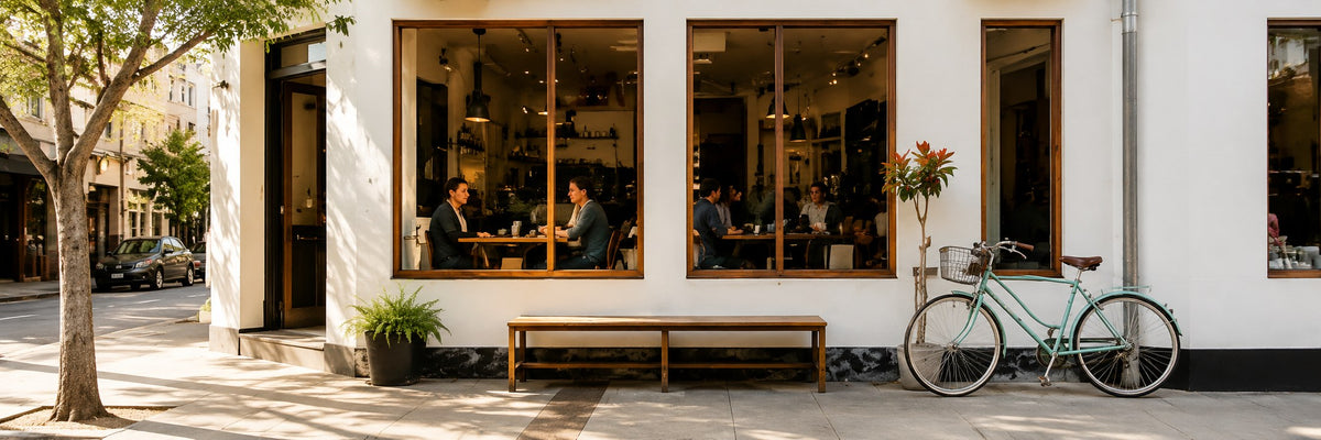 ローカルカフェの店先と通り